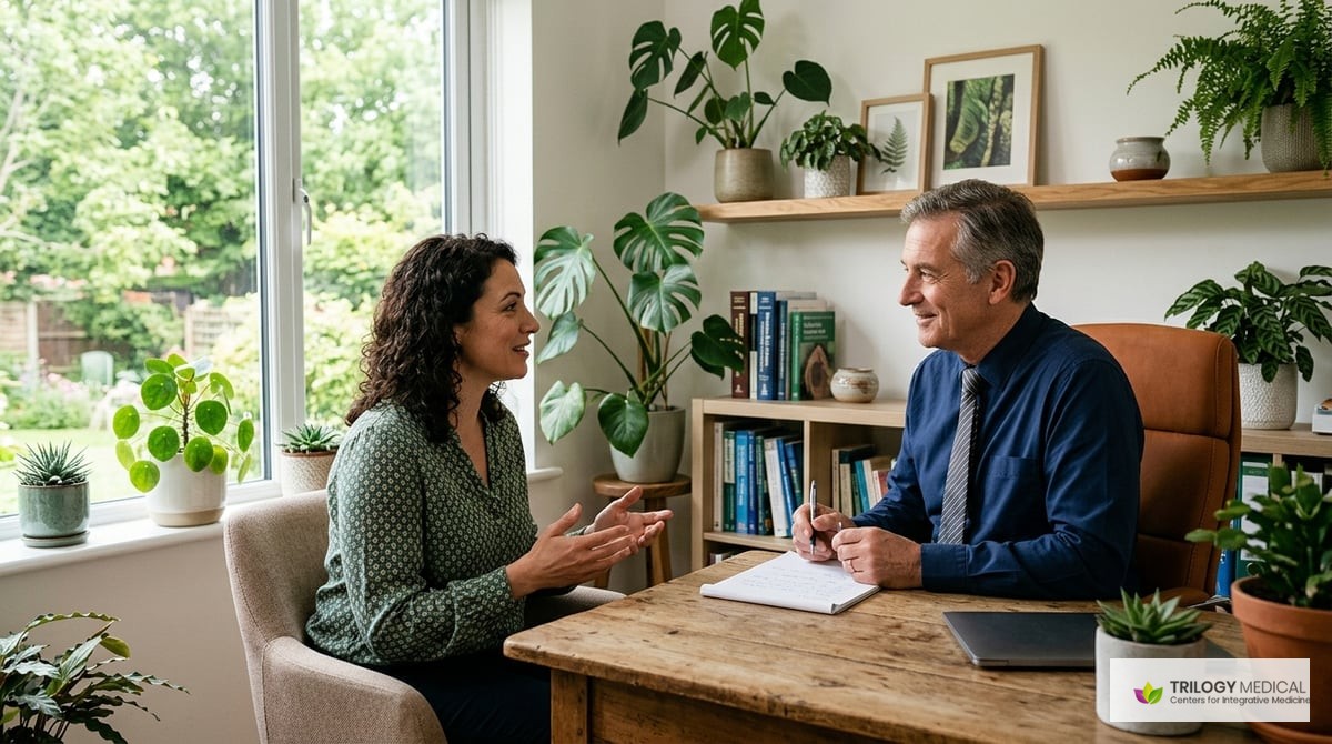 A calming scene depicting a patient discussing their health journey with a doctor in an office filled with plants and natural