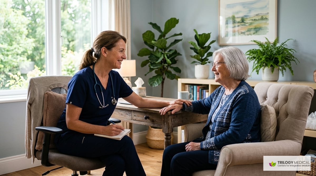 An inviting, serene healthcare setting, showcasing a professional physician consulting with a patient, surrounded by natural light and soothing