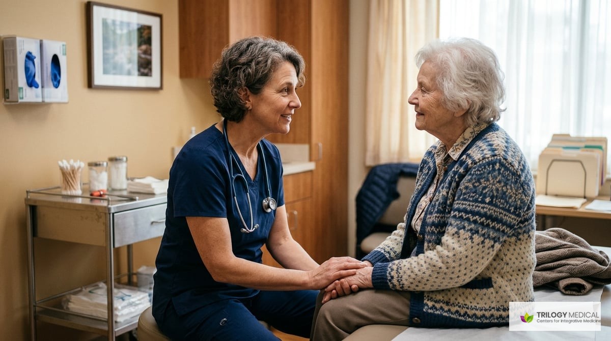 A caring doctor engaging with a patient in a comfortable examination room, showcasing a personal and thorough approach to