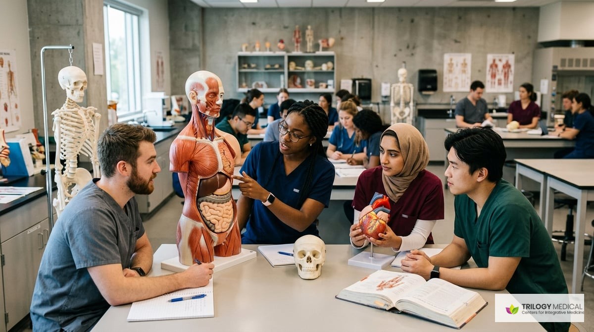 An image of a medical school classroom with a diverse group of students engaged in learning about anatomy and physiology.

Photo-realistic