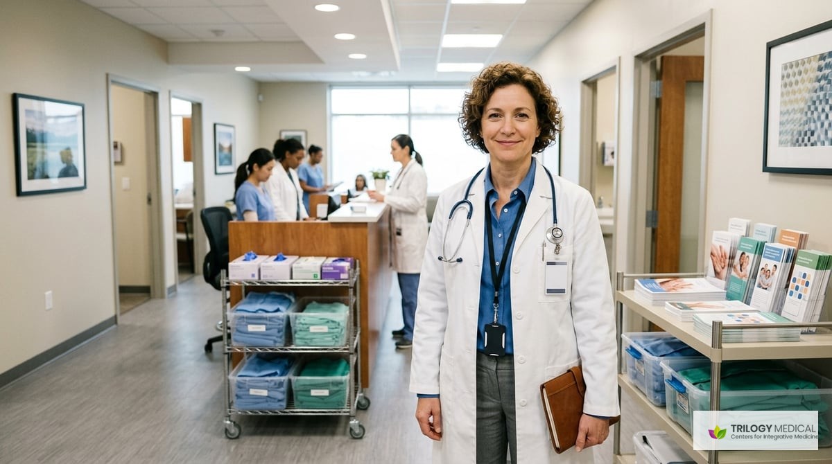 A doctor in a white coat, standing in a modern clinic, with patient care materials in the background.

Photo-realistic, editorial-quality photograph