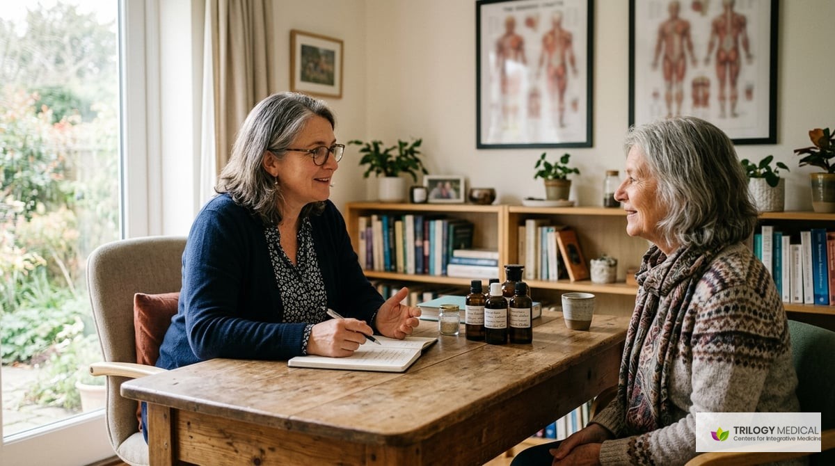 A peaceful setting showing a doctor and patient discussing health strategies, with charts and homeopathic remedies visible.

Photo-realistic