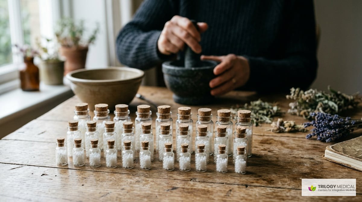 An arrangement of various homeopathic remedies in small vials on a wooden table, with a mortar and pestle in the background.

Photo-realistic