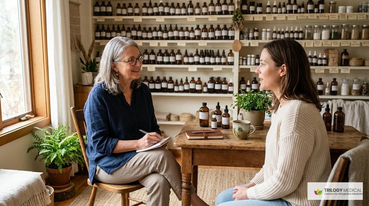 A serene wellness environment showing a consultation between a patient and a homeopathic doctor, surrounded by homeopathic