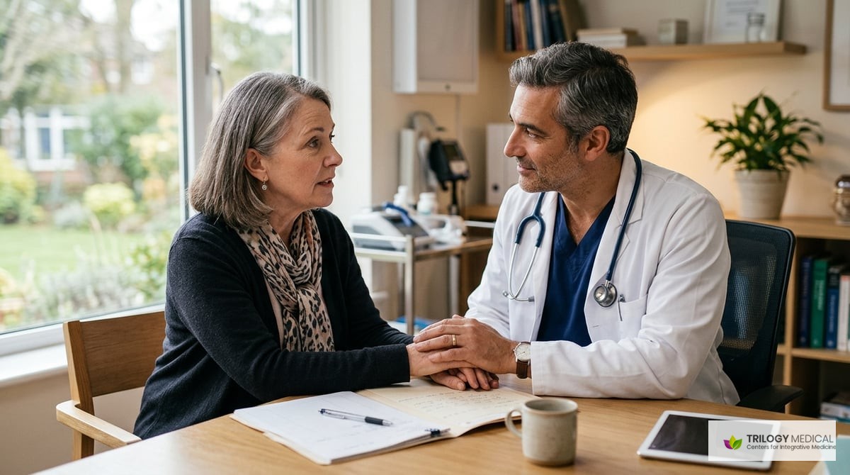 A thoughtful doctor interacting with a patient, highlighting the importance of careful consultation and individualized health