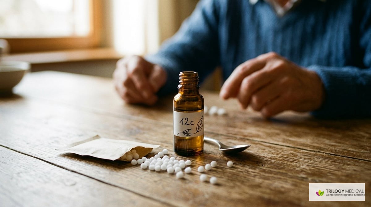 An illustration of homeopathic remedies such as small sugar pellets near a dilution vial, representing the principles of
