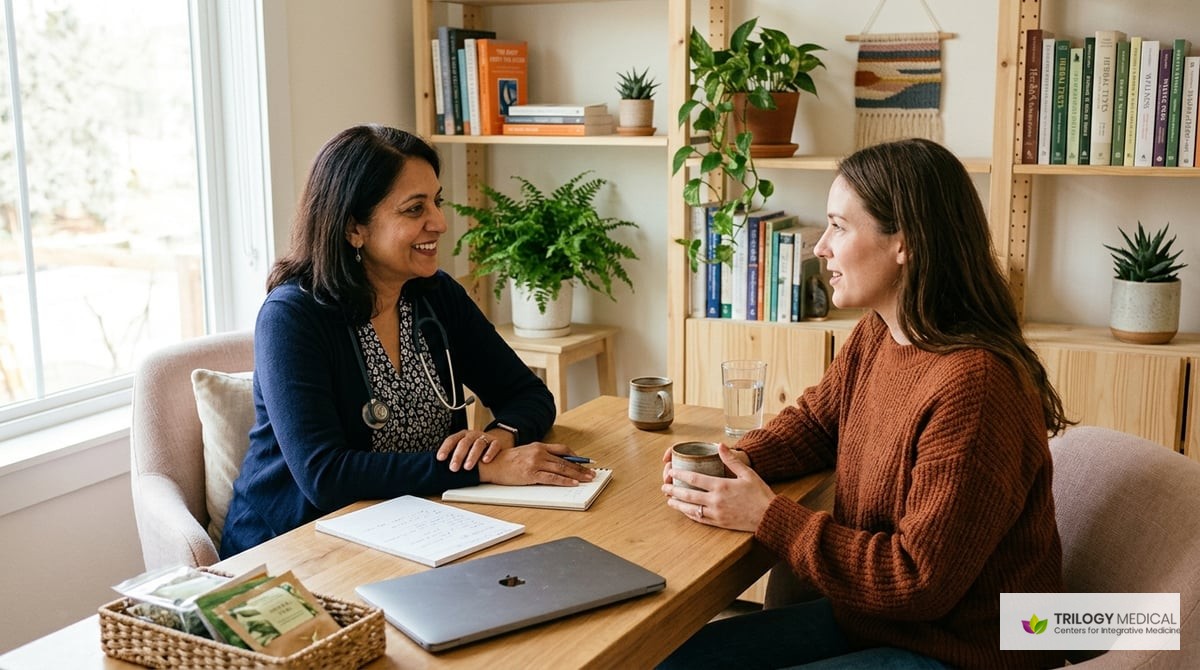 A serene medical consultation scene showing a doctor discussing with a patient in a warm, inviting office, emphasizing holistic