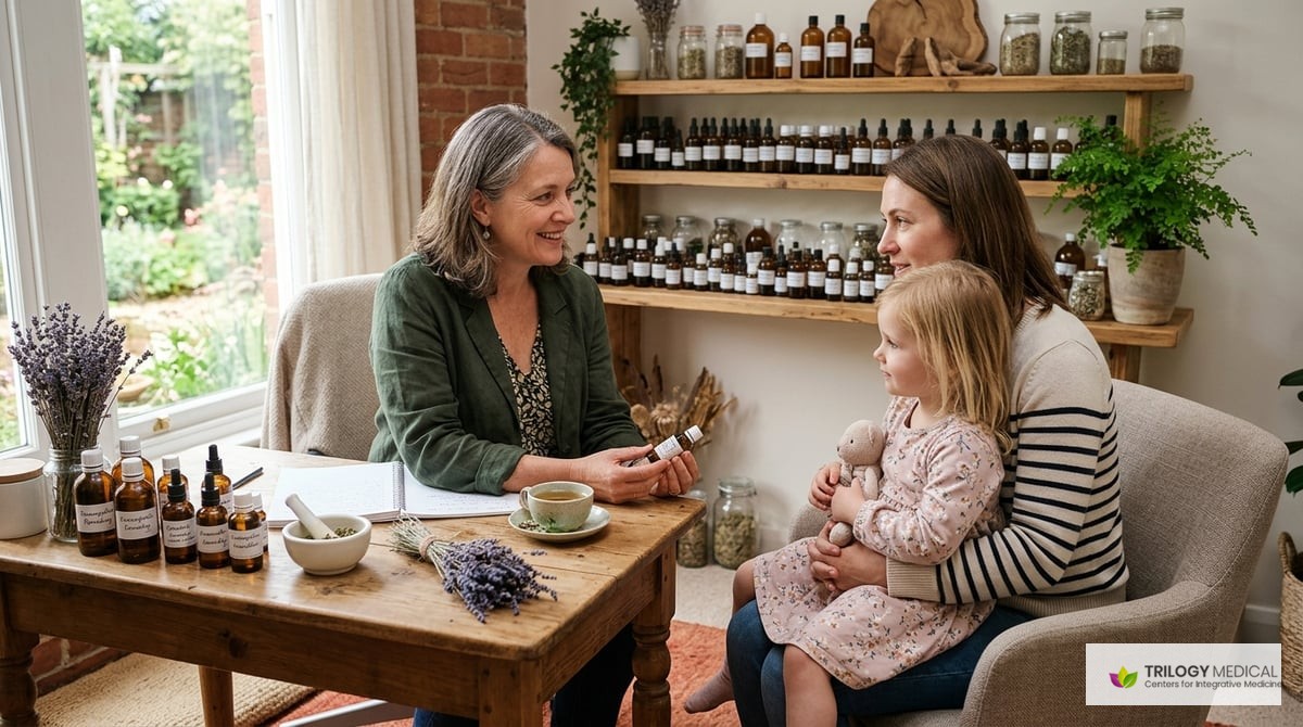 A comforting setting depicting a homeopathic practitioner consulting with a parent and child, surrounded by homeopathic remedies and natural