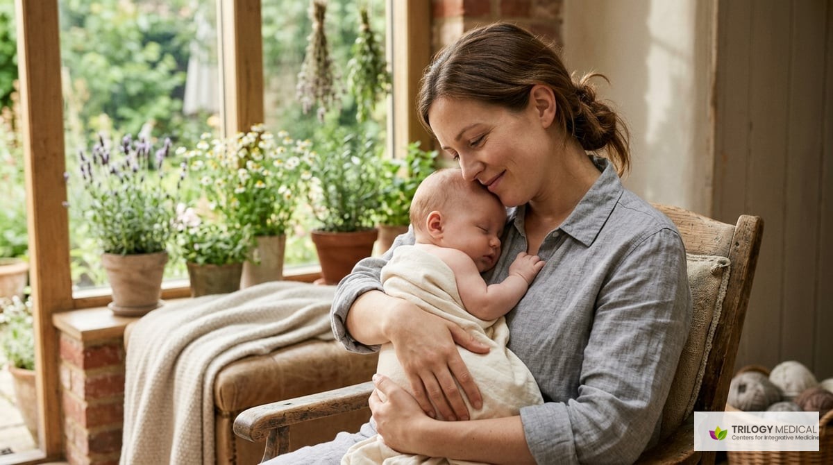 A serene image of a parent gently holding a baby, showcasing a trusting relationship and the comfort found in natural healing.

Photo-realistic