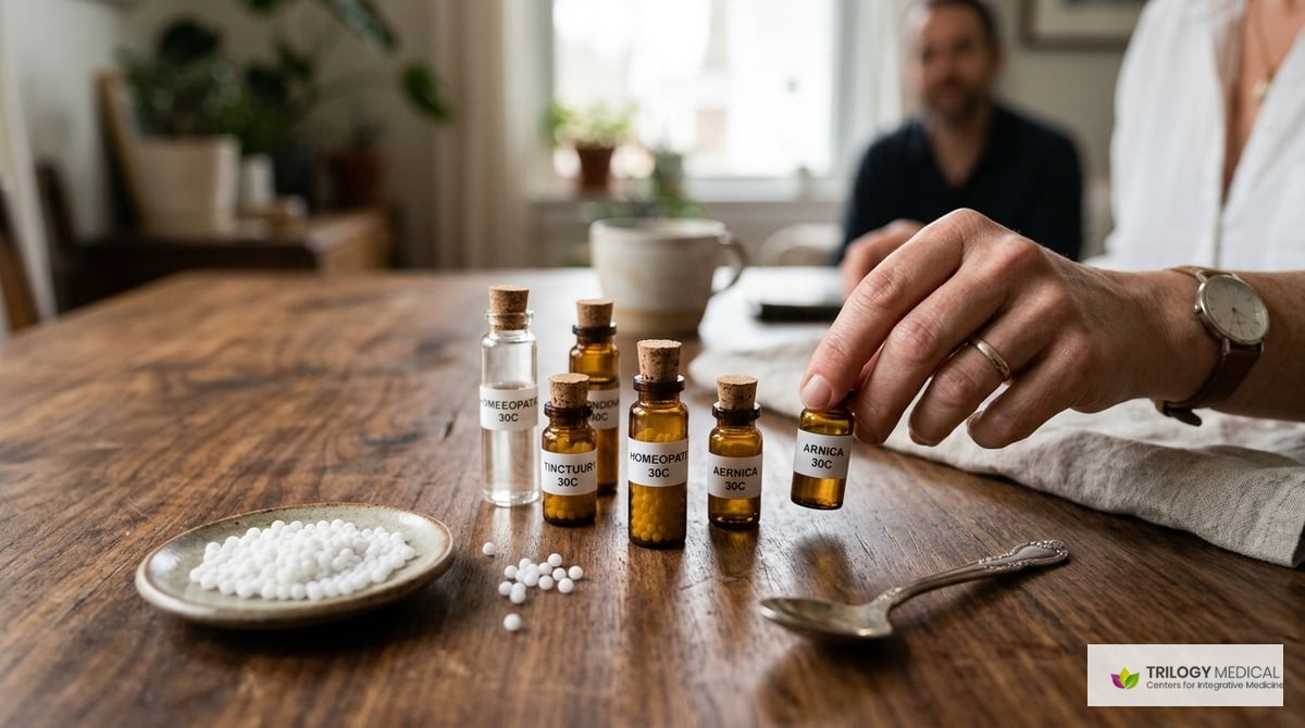A close-up of homeopathic remedies like small vials and sweet pellets on an elegant wooden table, symbolizing personalized
