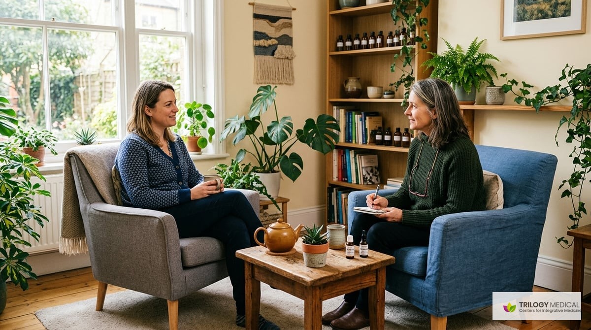 An inviting office space with comfortable seating, plants, and natural light, where a homeopathic consultation may take place.

Photo-realistic