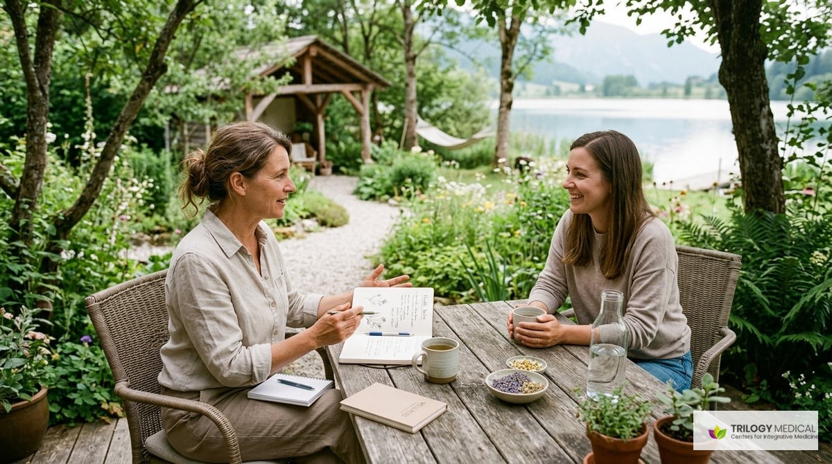 A peaceful wellness environment with a naturopathic practitioner conducting a consultation with a patient, discussing lifestyle and dietary choices