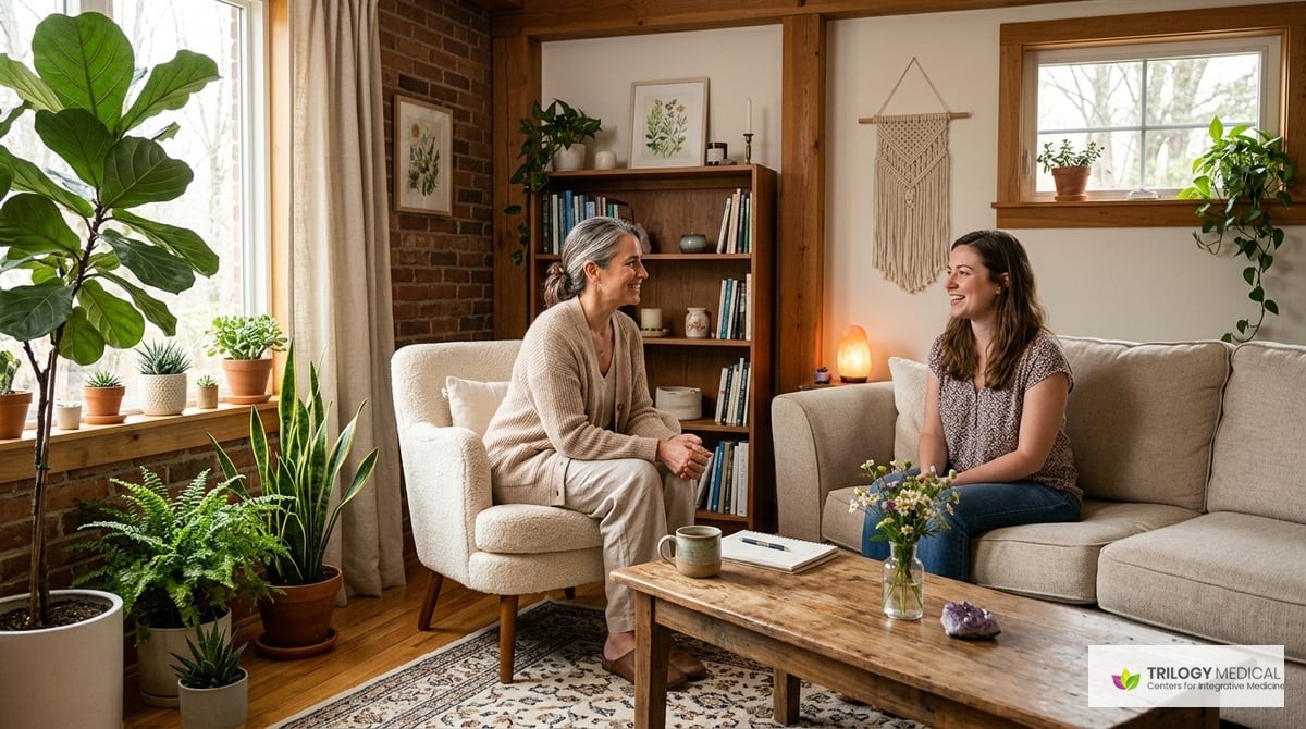 An inviting and serene setting depicting a cozy consultation room in a holistic medical practice, with plants and calming decor.

Photo-realistic