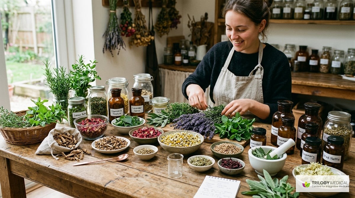 A collection of various herbs and herbal products, showing leaves, flowers, and roots, displayed on a wooden table, conveying a sense of natural