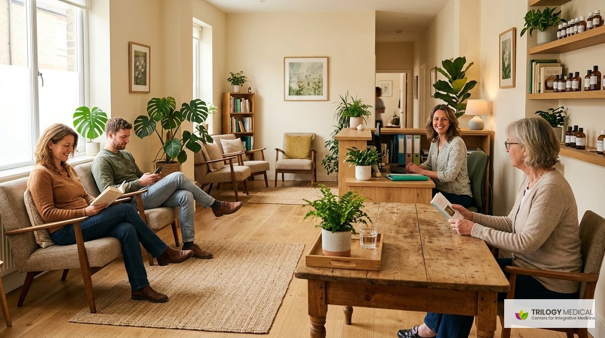A calm waiting area in a homeopathy practice with a consultation table, reflecting a welcoming environment for patients.

Photo-realistic