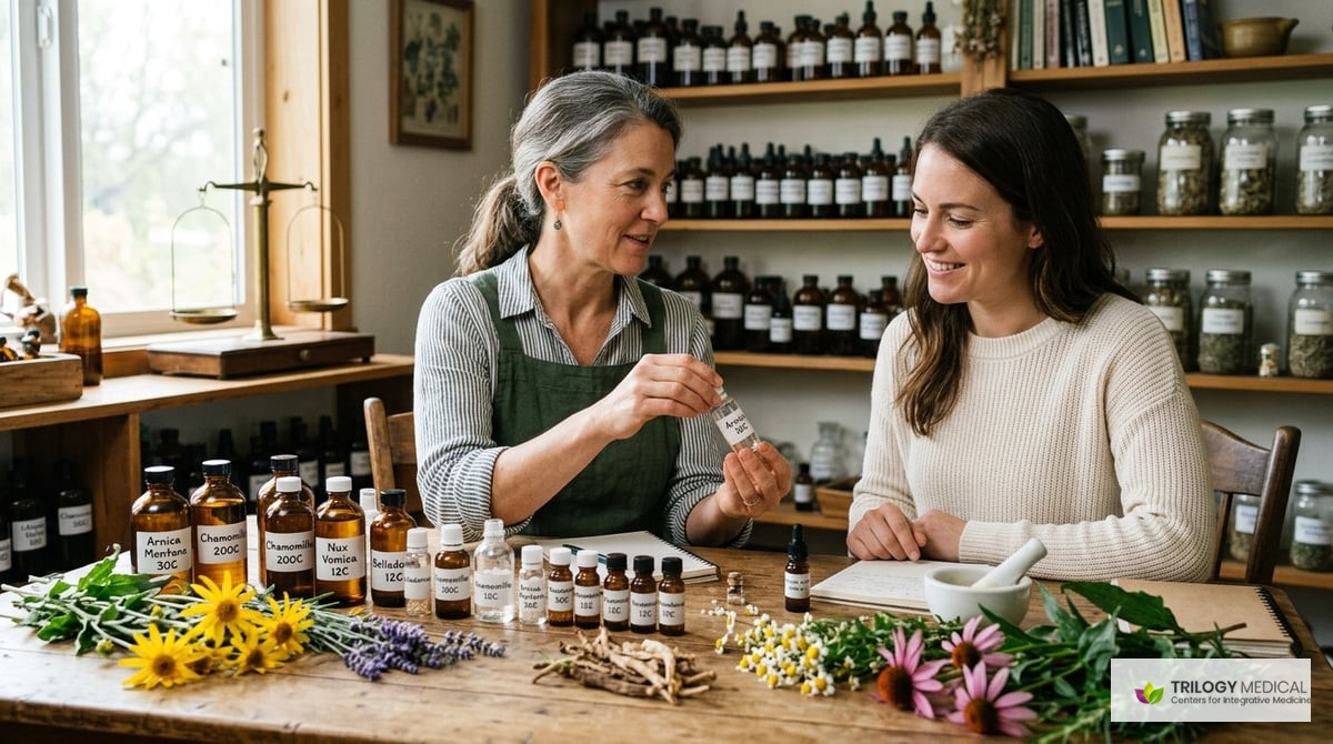 An illustration showing homeopathic remedies in vials with herbal plants, depicting the personalized and natural essence of