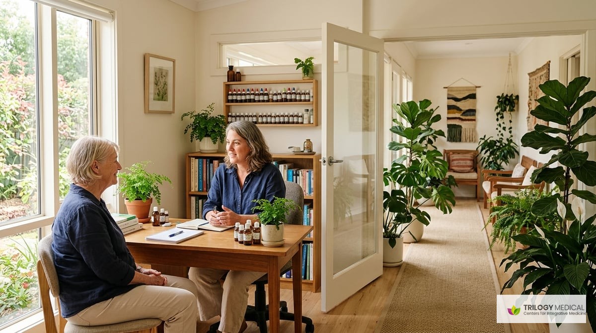 A serene clinic environment showcasing homeopathy practice, with plants and consultation rooms.

Photo-realistic, editorial-quality photograph
