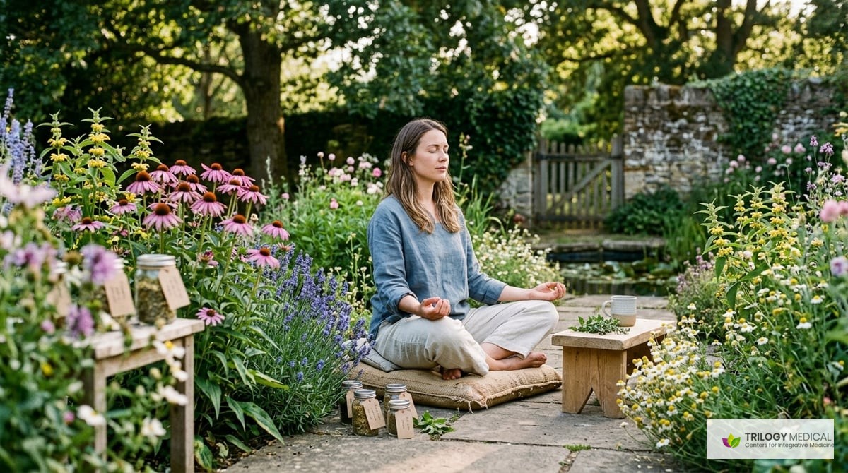 A tranquil image of a peaceful meditative setting with flowers, symbolizing holistic health and integrative approaches to managing seasonal