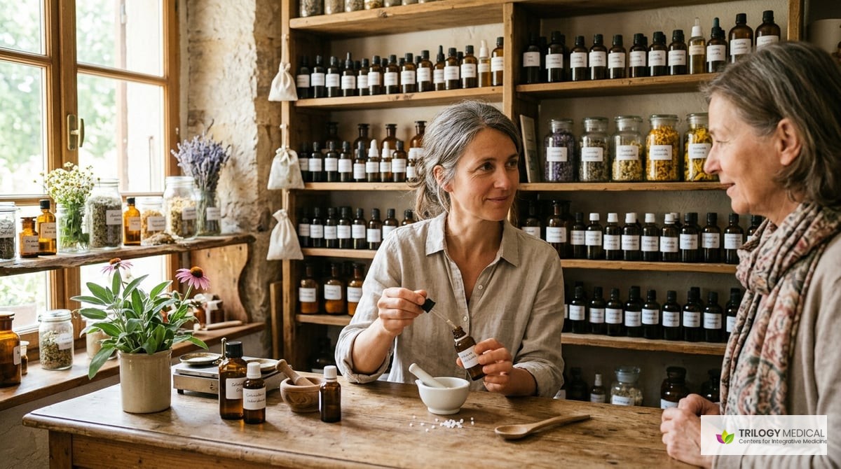 A calming image of a homeopathic pharmacy displaying various remedies, focusing on natural ingredients, herbs, and diluted