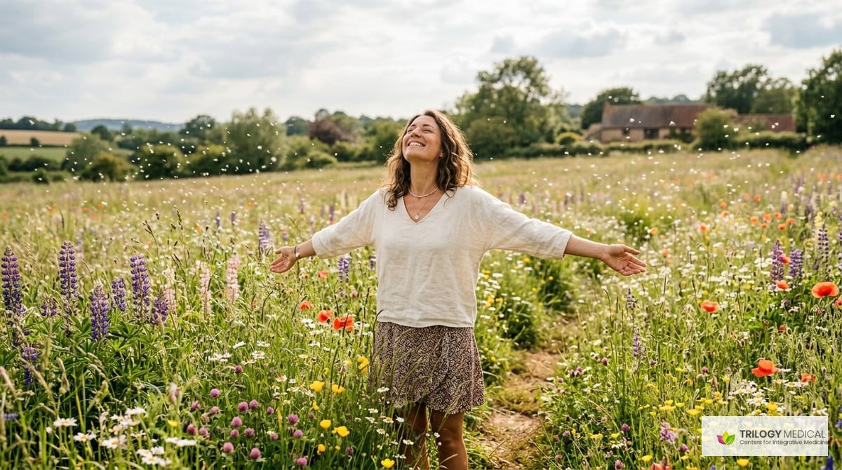 A serene picture of a blooming field with allergens in the air, showcasing a person enjoying the outdoors, free from allergy