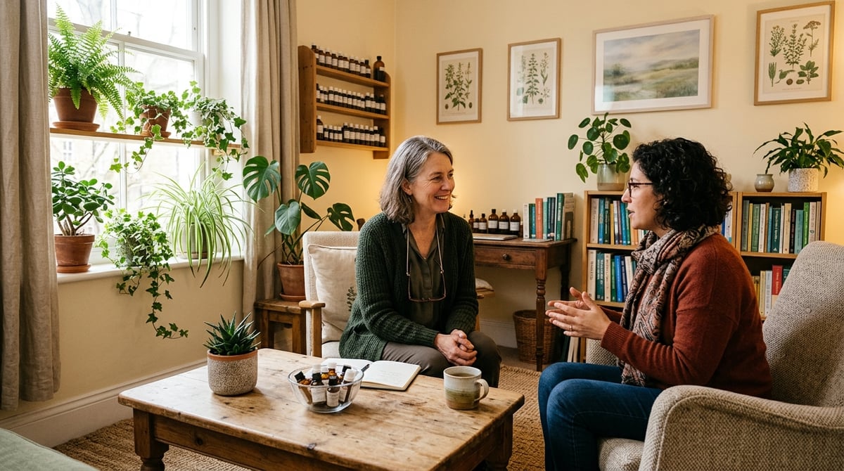 A patient discussing with a homeopathic doctor in a cozy, well-lit clinic, with plants and calming decor.

Photo-realistic, editorial-quality