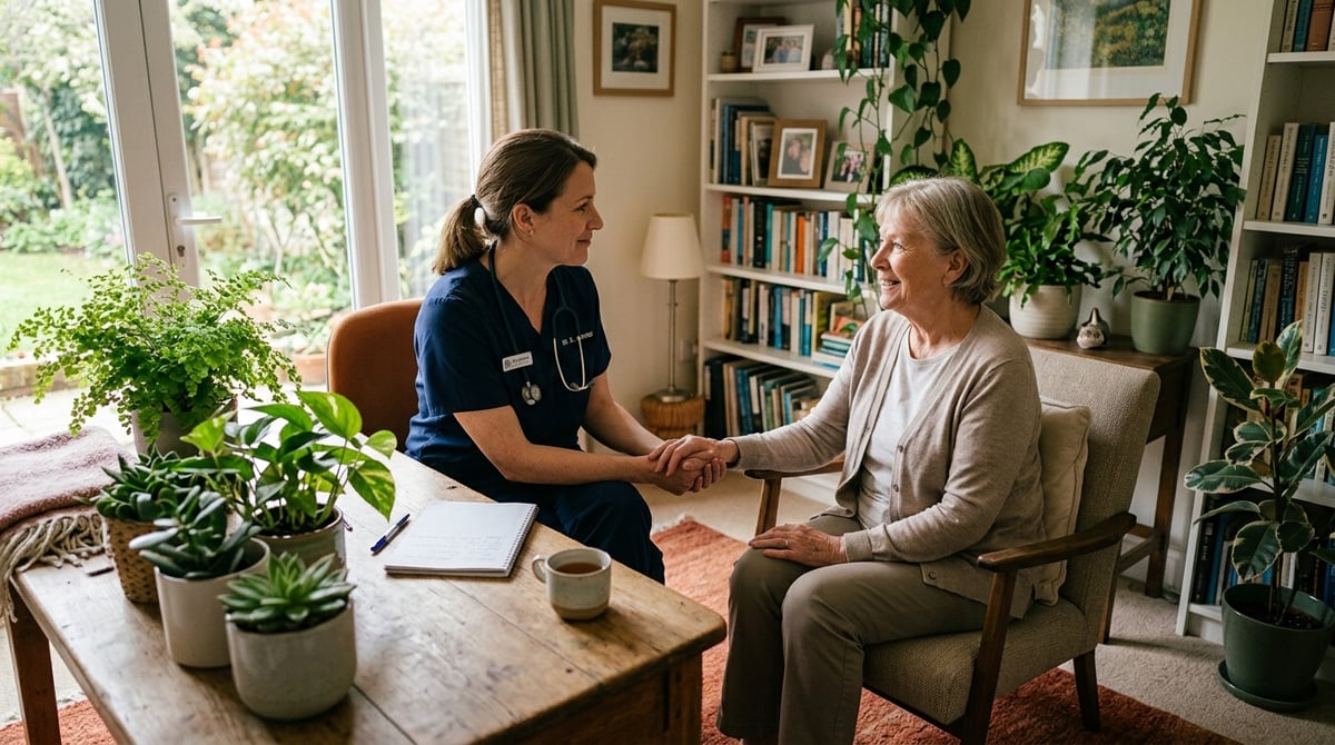 A serene setting showing a doctor consulting with a patient in a home office, with plants and a calming environment.

Photo-realistic