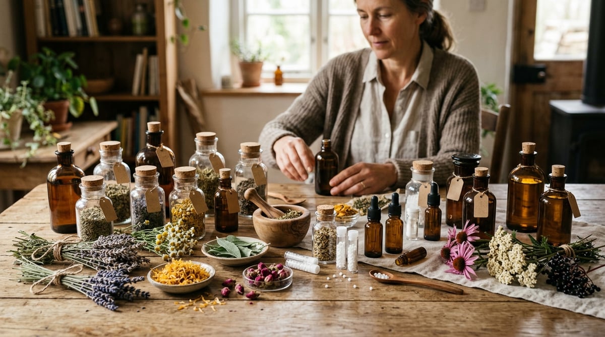 An image of various homeopathic remedies on a wooden table, including bottles and natural ingredients like herbs.

Photo-realistic, editorial-quality