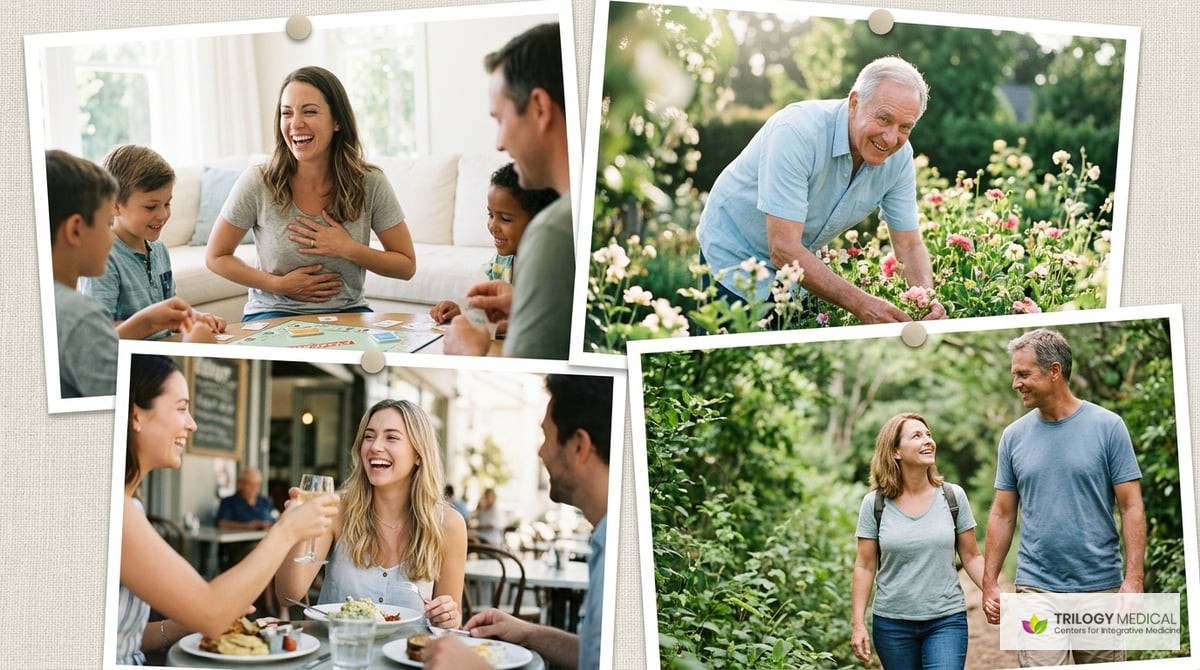 A collage of positive patient testimonials or quotes about their experiences with homeopathy for IBS, presented with joyful and uplifting