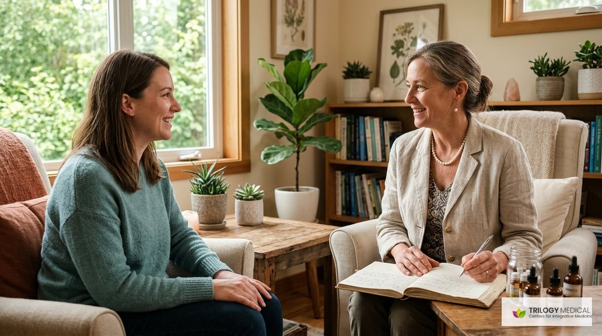 An inviting image of a serene homeopathic consultation, showing a practitioner discussing health with a patient in a comfortable