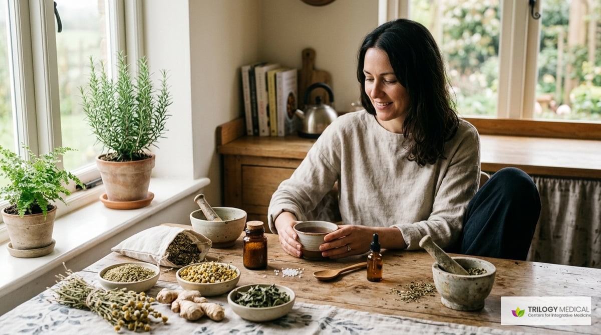 A soothing image of natural remedies for digestive health, featuring herbs, homeopathic remedies, and a calm, relaxing setting.

Photo-realistic