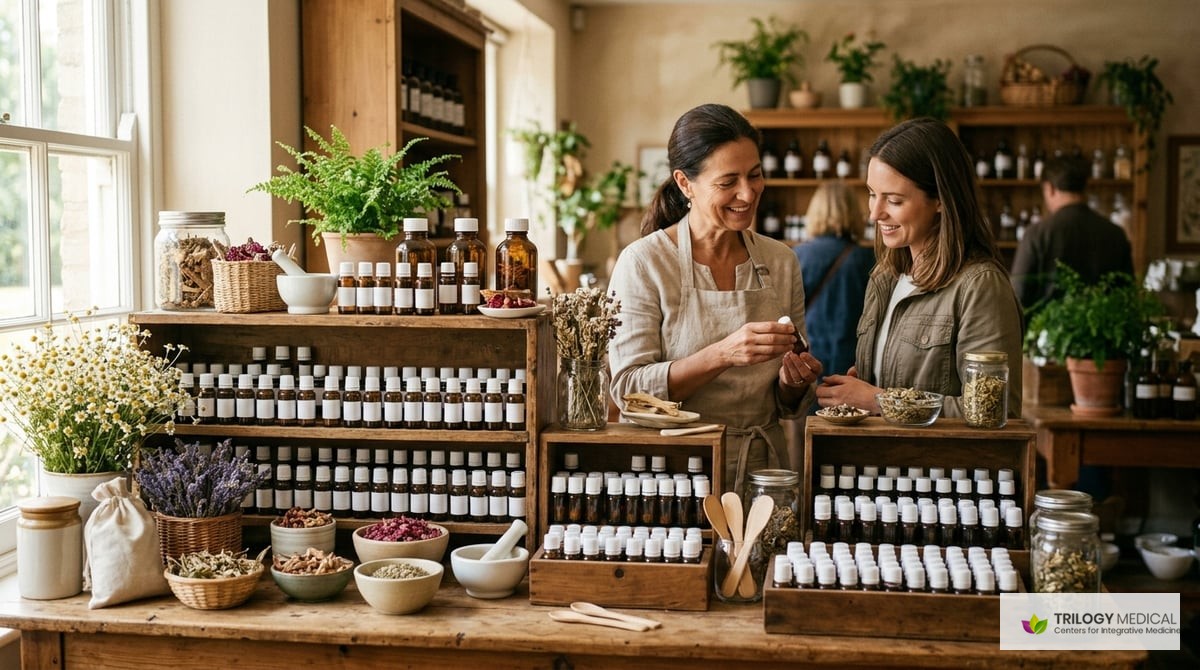 A homeopathic pharmacy display with small glass vials of remedies, herbs, and a soothing environment that encourages healing.

Photo-realistic