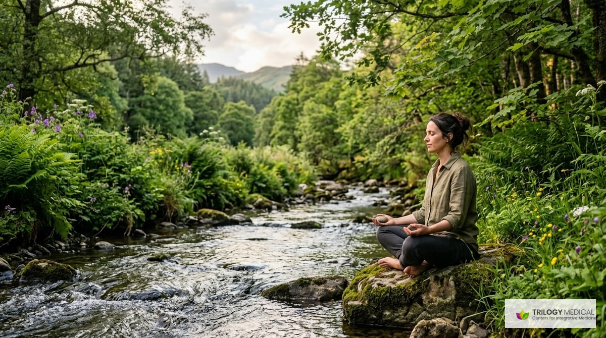 A tranquil nature scene symbolizing peace and healing, featuring a serene landscape with gentle flowing water and lush greenery.

Photo-realistic