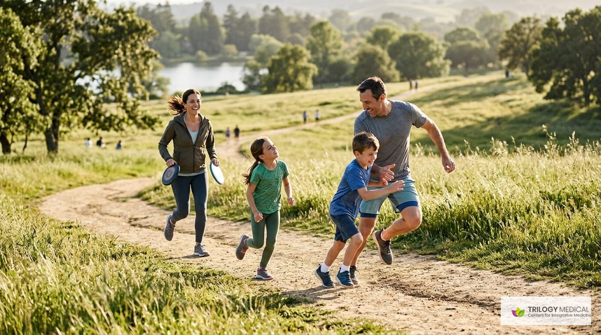 An active family enjoying time outdoors, engaging in physical exercise and playful activities which can help manage ADD and ADHD