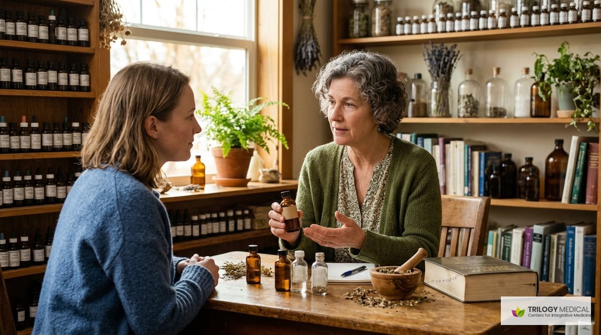 A visual representation of homeopathy, showing various natural remedies and a homeopathic practitioner consulting with a patient.

Photo-realistic