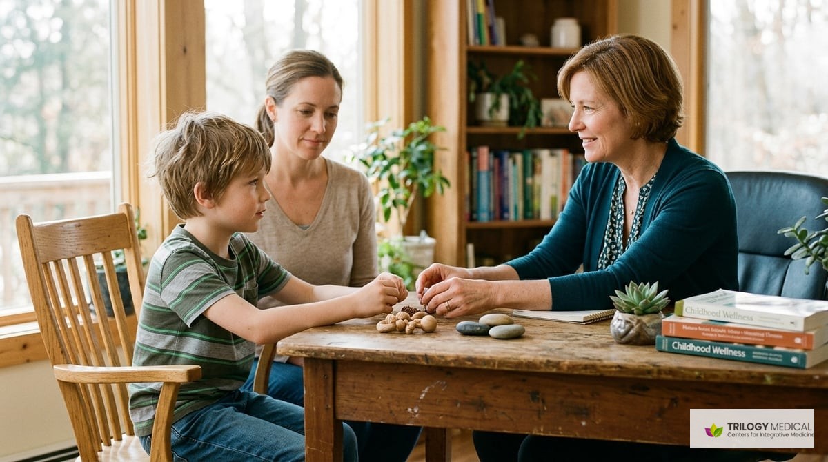 A serene consultation setting with Dr. Lester, an integrative physician, helping a child with ADHD using holistic methods.

Photo-realistic