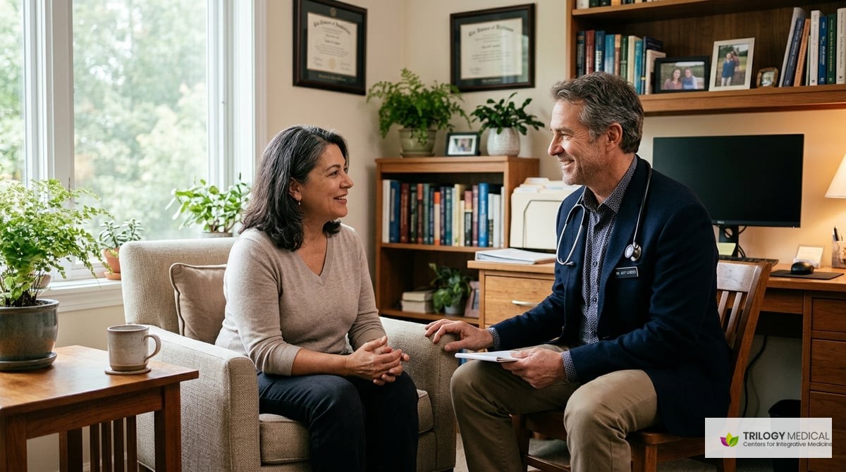 An image of Dr. Jeff Lester consulting with a patient in a warm and inviting office setting, reflecting compassionate care.

Photo-realistic