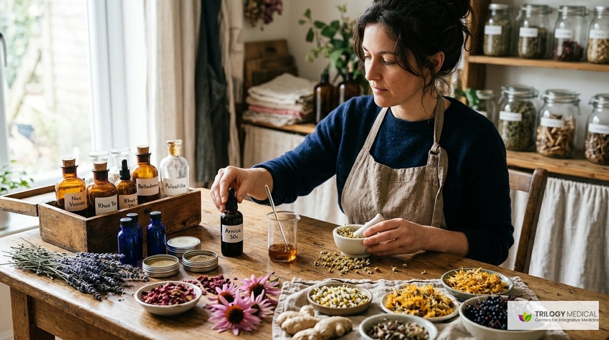 An aesthetic depiction of various homeopathic remedies and natural ingredients, showcasing their natural and holistic origins.

Photo-realistic