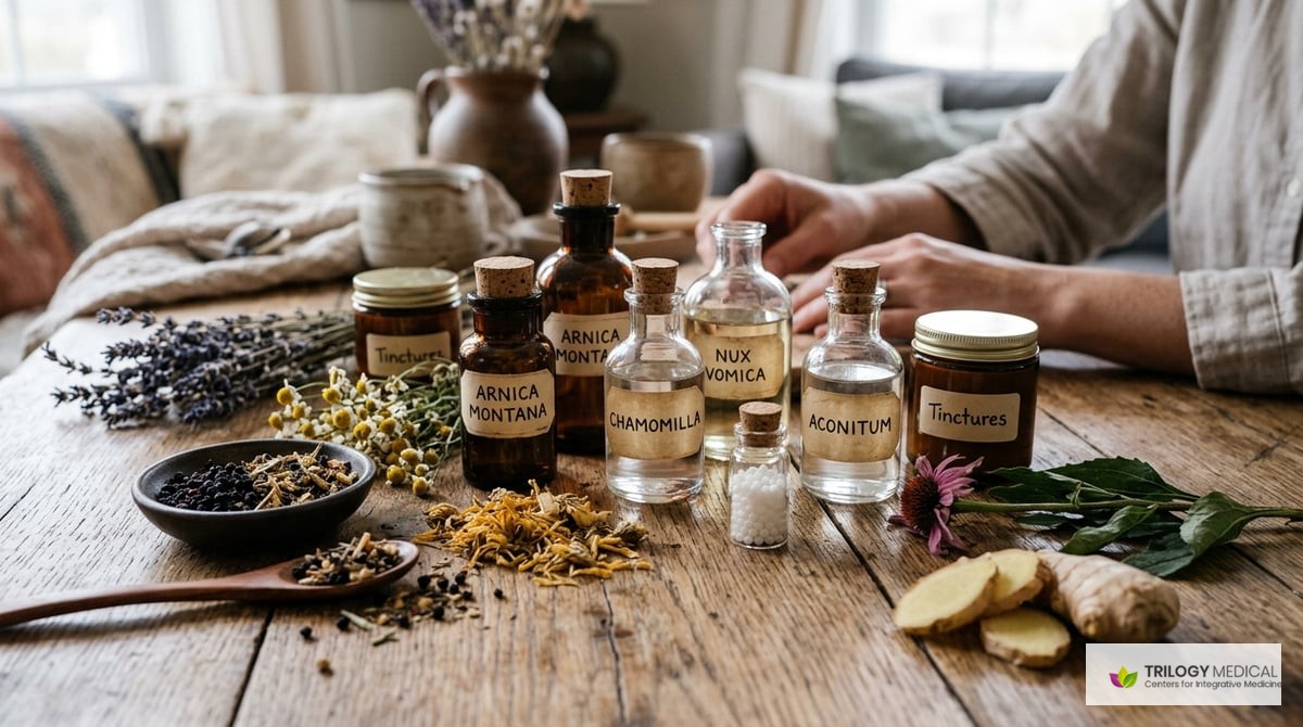 A close-up of homeopathic remedies and natural ingredients, arranged aesthetically on a wooden surface, showcasing the concept of holistic