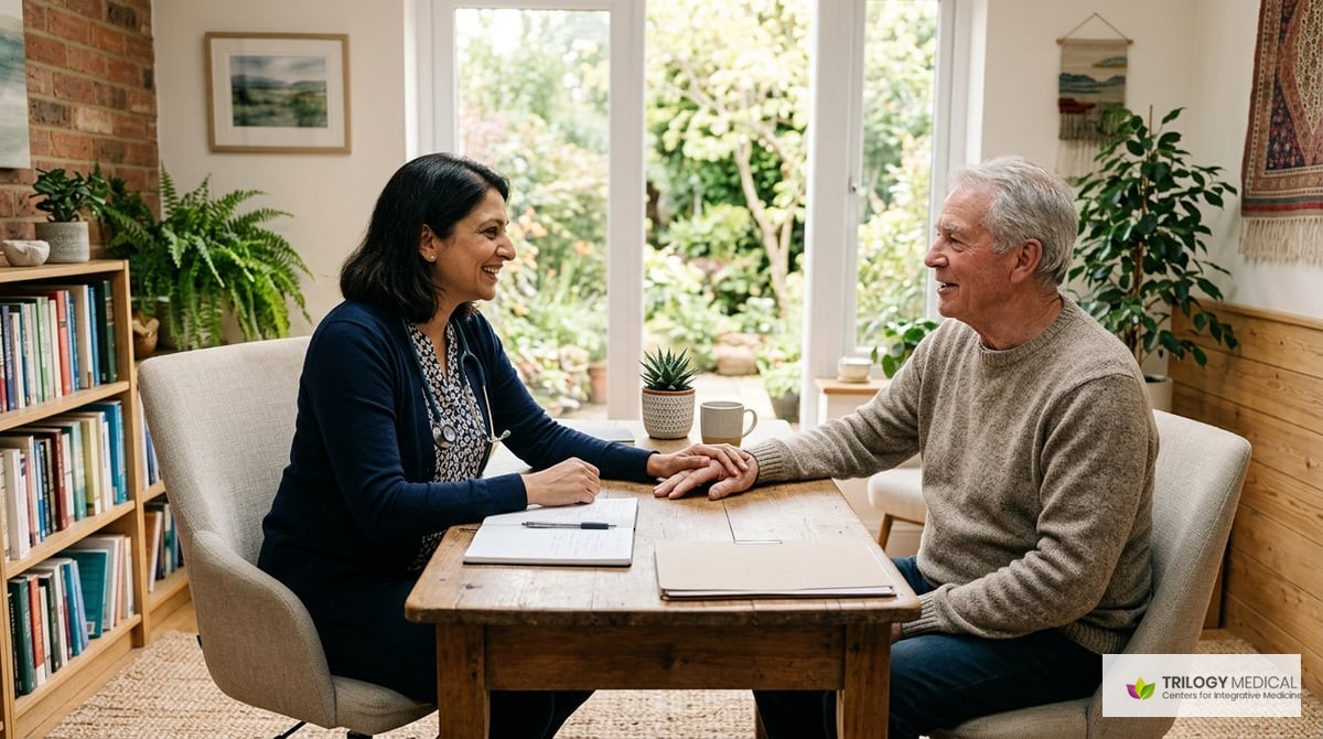 A friendly consultation between a doctor and a patient in an inviting medical office, symbolizing integrative care.

Photo-realistic