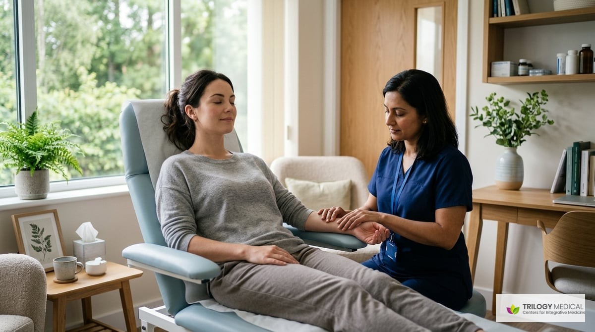 A soothing image of a calm patient receiving treatment in a serene medical office with natural lighting.

Photo-realistic, editorial-quality