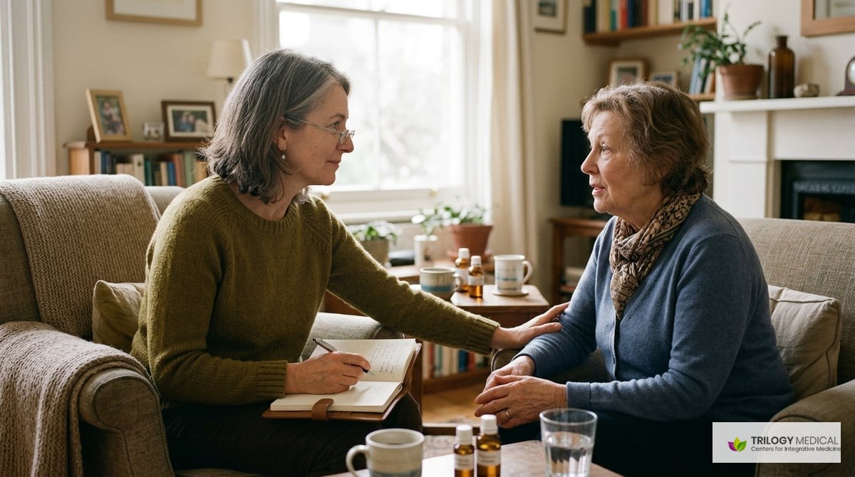 A comforting image of a compassionate homeopathic consultation in progress, portraying a practitioner listening to a patient.

Photo-realistic