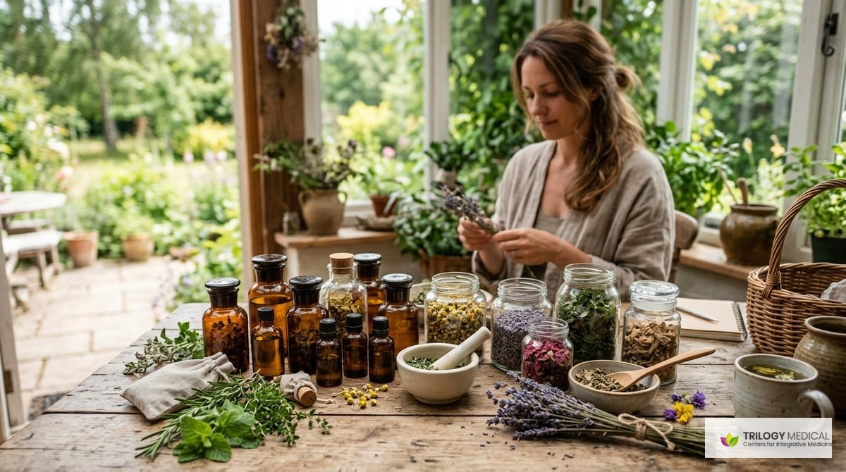 An image showcasing herbal homeopathic remedies with various bottles and natural elements in a tranquil setting.

Photo-realistic, editorial-quality