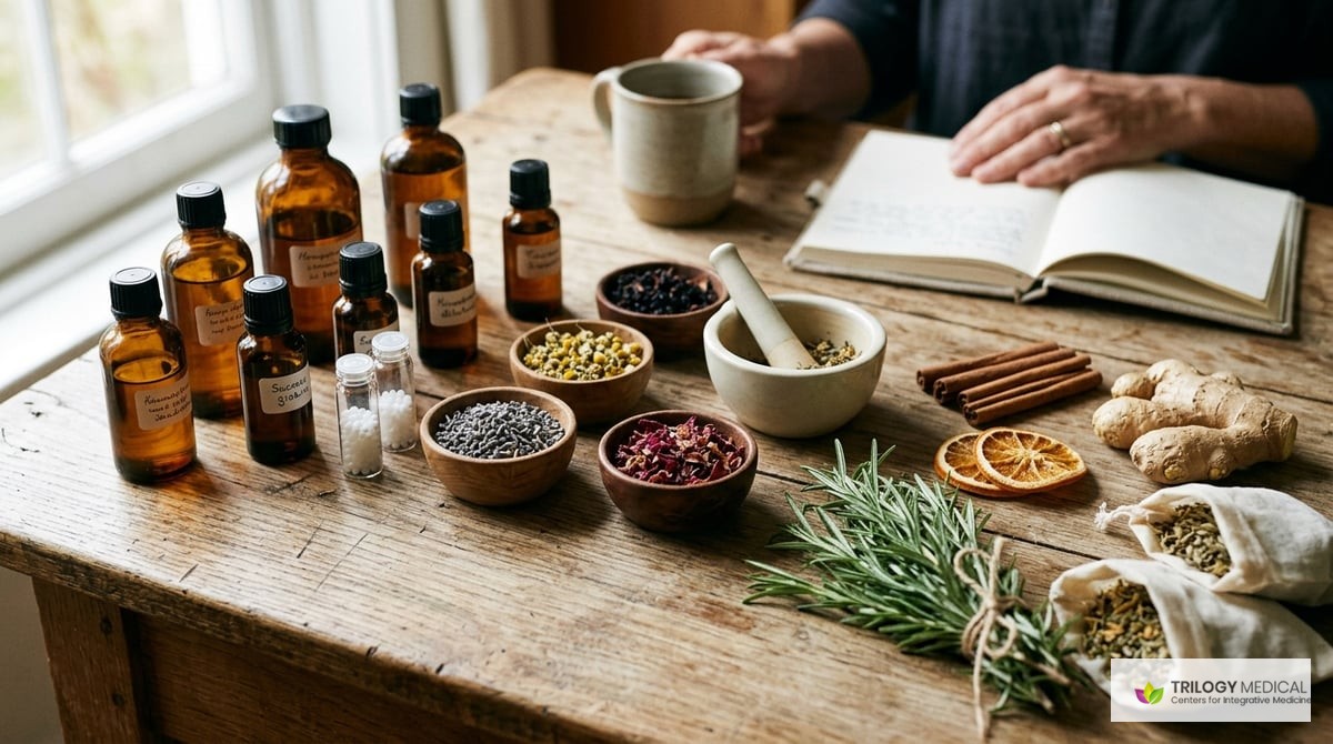 A collection of homeopathic remedies and natural ingredients on a wooden table, showcasing the diversity in treatment options.

Photo-realistic