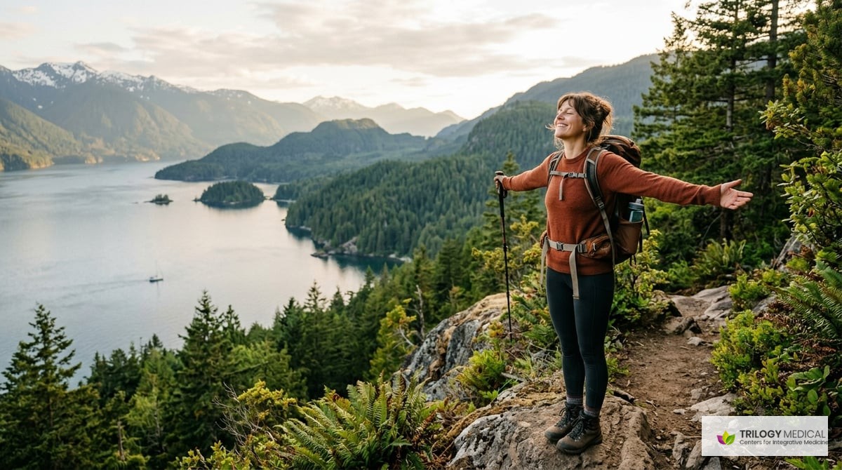 A serene outdoor scene depicting a person enjoying nature, symbolizing well-being and vitality.

Photo-realistic, editorial-quality photograph