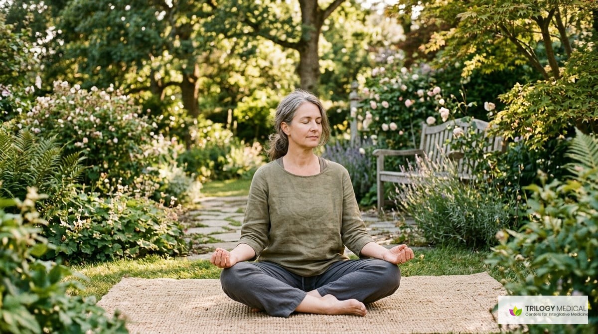 A woman in a tranquil garden, engaging in yoga or meditation, symbolizing peace and holistic health during menopause.

Photo-realistic