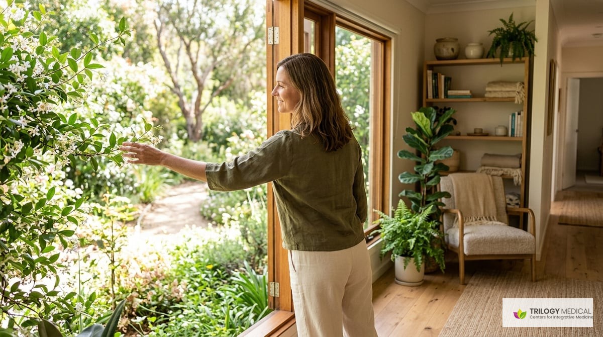 A serene, inviting clinic environment with a woman reaching out towards nature, embodying holistic health.

Photo-realistic, editorial-quality