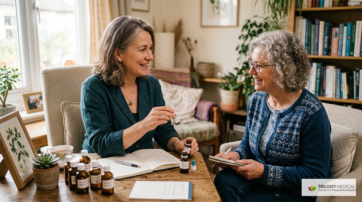 A consultation scene with a homeopathic practitioner providing guidance to a patient regarding diabetes care, portraying a warm and engaging