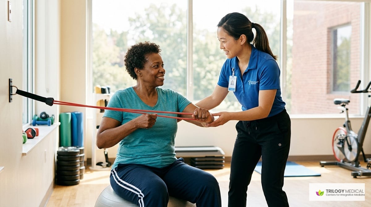 A patient engaging in exercise with a healthcare professional in a supportive environment, emphasizing active participation in diabetes