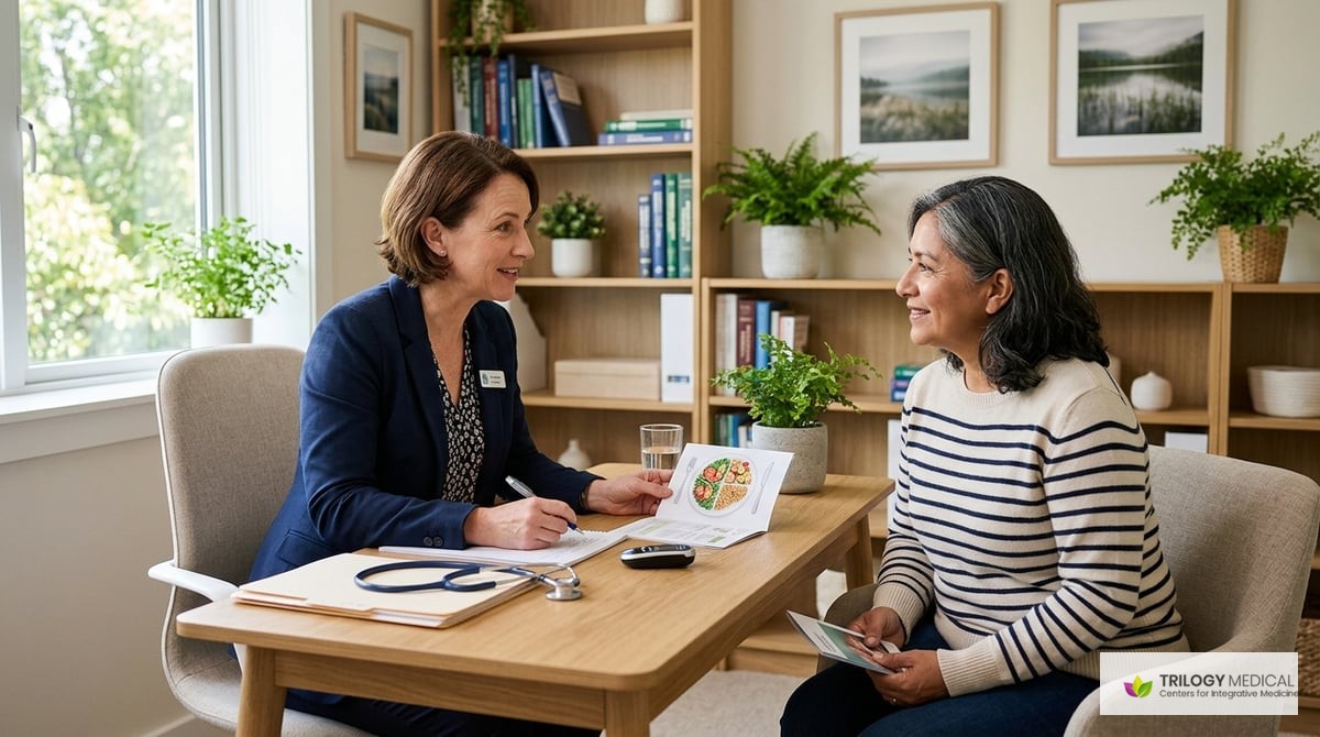 A serene health care setting with a doctor consulting a patient about diabetes management, showcasing a calm and welcoming