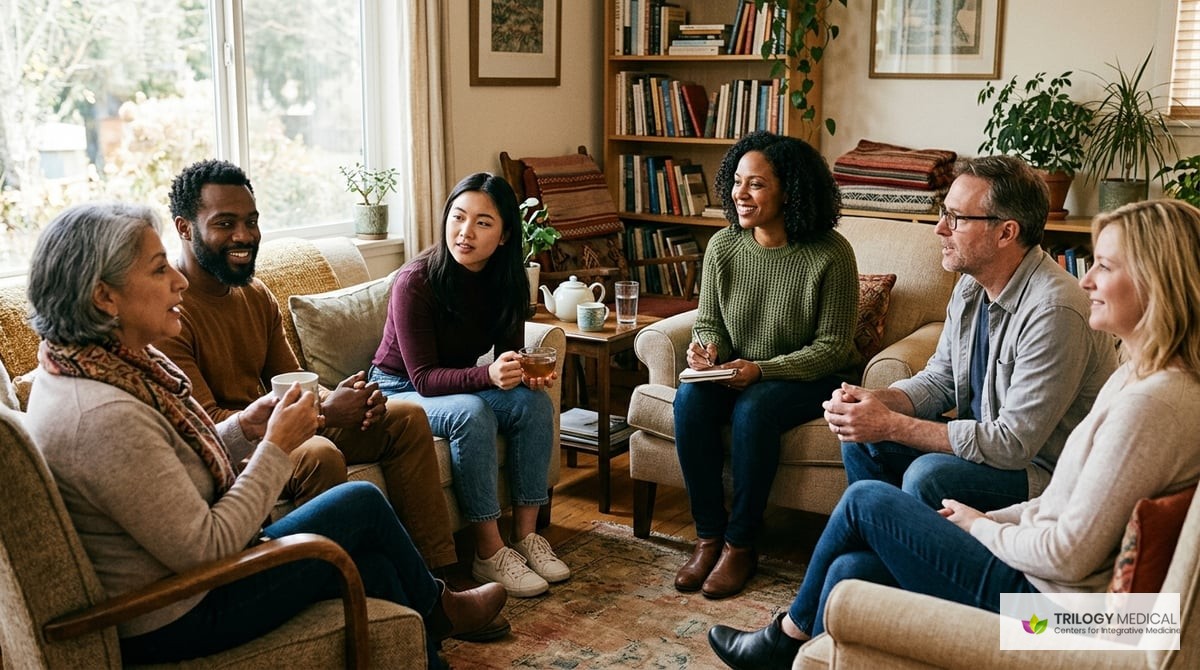A supportive group session in a cozy, inviting room with several patients and a facilitator discussing holistic health and lifestyle